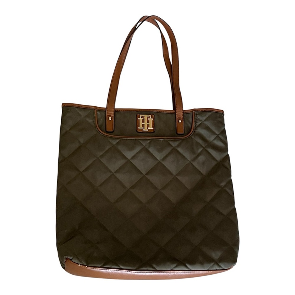 Tommy Hilfiger Brown and Green Quilted Tote Bag